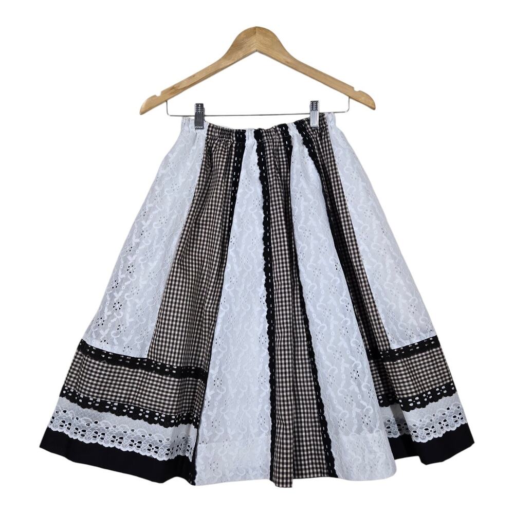 Vintage Carefree Fashions Prairie Skirt Cottagecore Midi Gingham Eyelet Lace